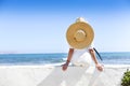 Young happy blond woman at beautiful tropical paradise view of ocean enjoying summer holidays Royalty Free Stock Photo