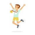 Young happy boy with a first place medal, kid celebrating his golden medal cartoon vector Illustration