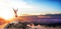 Young happy buiness woman stands on the top of the mountain.