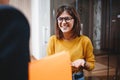 Young happy business lady at modern office have discussing working moments Royalty Free Stock Photo