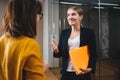 Young happy business lady at modern office have discussing working moments