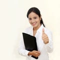 Young happy business woman with black folder