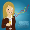 Young happy business woman showing her champagne glass against positive graph Royalty Free Stock Photo