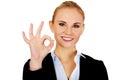 Young happy business woman shows OK sign Royalty Free Stock Photo