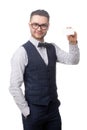 Young happy businessman holding a card in the hand isolated on white Royalty Free Stock Photo