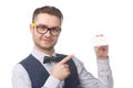 Young happy businessman holding a card in the hand isolated on white Royalty Free Stock Photo