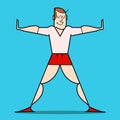 Young happy caucasian white man doing stretching warm up exercise, vector illustration