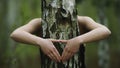 Young happy caucasian woman hugging the tree in the forest, making triangle shape with hands