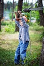 Young happy child boy in adventure park. Royalty Free Stock Photo