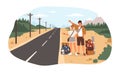 Young happy couple with backpacks standing near road and hitchhiking. Cute smiling man and woman thumbing or hitching