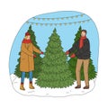 Young happy couple choosing Christmas tree for home decoration