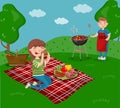 Young happy couple cooking and eating bbq while sitting in the garden, barbecue party in summer holiday cartoon vector Royalty Free Stock Photo