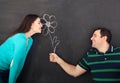 Young happy couple with daisy flower. Chalk drawing