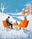 young happy couple drink hot tea or coffee at winter garden, romantic evening at snowy weather