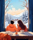 young happy couple drink hot tea by window at home at winter