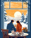 young happy couple drink hot tea by window at home at winter