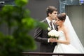 Young happy couple elegant stylish bride and groom