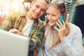 Young happy couple have lunch brake together, woman talking on the phone Royalty Free Stock Photo