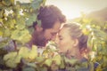 Young happy couple having a romantic moment from behind grape plants Royalty Free Stock Photo