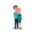 Young happy couple hugging, cheerful man touching belly of pregnant woman. Pregnant wife and her husband. Flat vector. Royalty Free Stock Photo