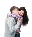 Young happy couple kissing isolated on white Royalty Free Stock Photo