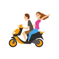 Young happy couple in love riding scooter vector Illustration on a white background Royalty Free Stock Photo