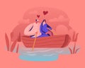 Young Happy Couple Of Man And Woman Floating Boat At Water Surface. Male And Female Characters Hugging