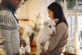 Young happy couple man and woman holding cute white dog and hugging while standing in kitchen decorated for Christmas Royalty Free Stock Photo