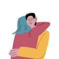 Blue-haired woman in yellow shirt hugging man lovingly. Vector illustration in flat cartoon style.