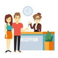 Young and happy couple at reception with smiling receptionist. Hotel reservation on holiday flat vector concept Royalty Free Stock Photo