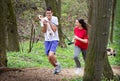 Young happy couple running with a dog Royalty Free Stock Photo