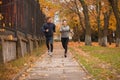 The couple runs in the autumn park. Outdoors. Royalty Free Stock Photo