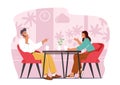 Young Happy Couple Sitting at Table Drinking Coffee, Talking and Laughing in Cafe or Restaurant. Man and Woman Dating Royalty Free Stock Photo