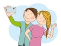 Young happy couple taking selfie. Original hand drawn illustration