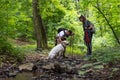 Young happy couple and their dog at hiking through the woods enjoying the sight. Two nature lovers in the mountain forest enjoy Royalty Free Stock Photo