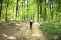 Young happy couple and their dog at hiking through the woods enjoying the sight. Two nature lovers in the mountain forest enjoy Royalty Free Stock Photo