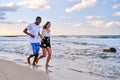 Young happy couple walking on the beach holding hands, copy space Royalty Free Stock Photo