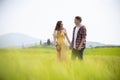 A young happy couple walking on a green meadow holding hands Royalty Free Stock Photo