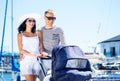 Young and happy couple walking with their baby Royalty Free Stock Photo