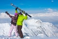 Young happy couple in winter mountains Royalty Free Stock Photo