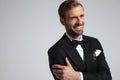 Closeup portrait of a laughing elegant man wearing tuxedo Royalty Free Stock Photo