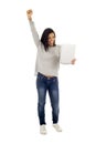 Young happy and excited hispanic woman holding digital tablet pad smiling isolated on white Royalty Free Stock Photo