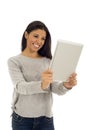 Young happy and excited hispanic woman holding digital tablet pad smiling isolated on white Royalty Free Stock Photo