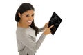 Young happy and excited hispanic woman holding digital tablet pad smiling isolated on white Royalty Free Stock Photo