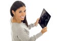 Young happy and excited hispanic woman holding digital tablet pad smiling isolated on white Royalty Free Stock Photo