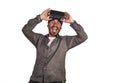 Young happy and excited man wearing virtual reality VR goggles headset experimenting 3d illusion playing video game enjoying the Royalty Free Stock Photo