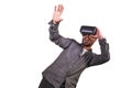 Young happy and excited man wearing virtual reality VR goggles headset experimenting 3d illusion playing video game touching Royalty Free Stock Photo