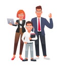 Young happy family of businessmen with glasses. Mom, dad and son are schoolchildren. Beautiful and smiling cell of society. Vector