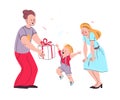 Young happy family characters with gift box. Parents giving present to their little son, celebrating isolated.