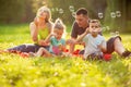 Happy family with children blow soap bubbles outdoor Royalty Free Stock Photo